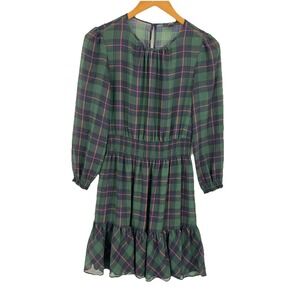 J. Crew Womens Sheer Plaid Tartan Dress Size XS Green Tiered Midi Preppy Balloon
